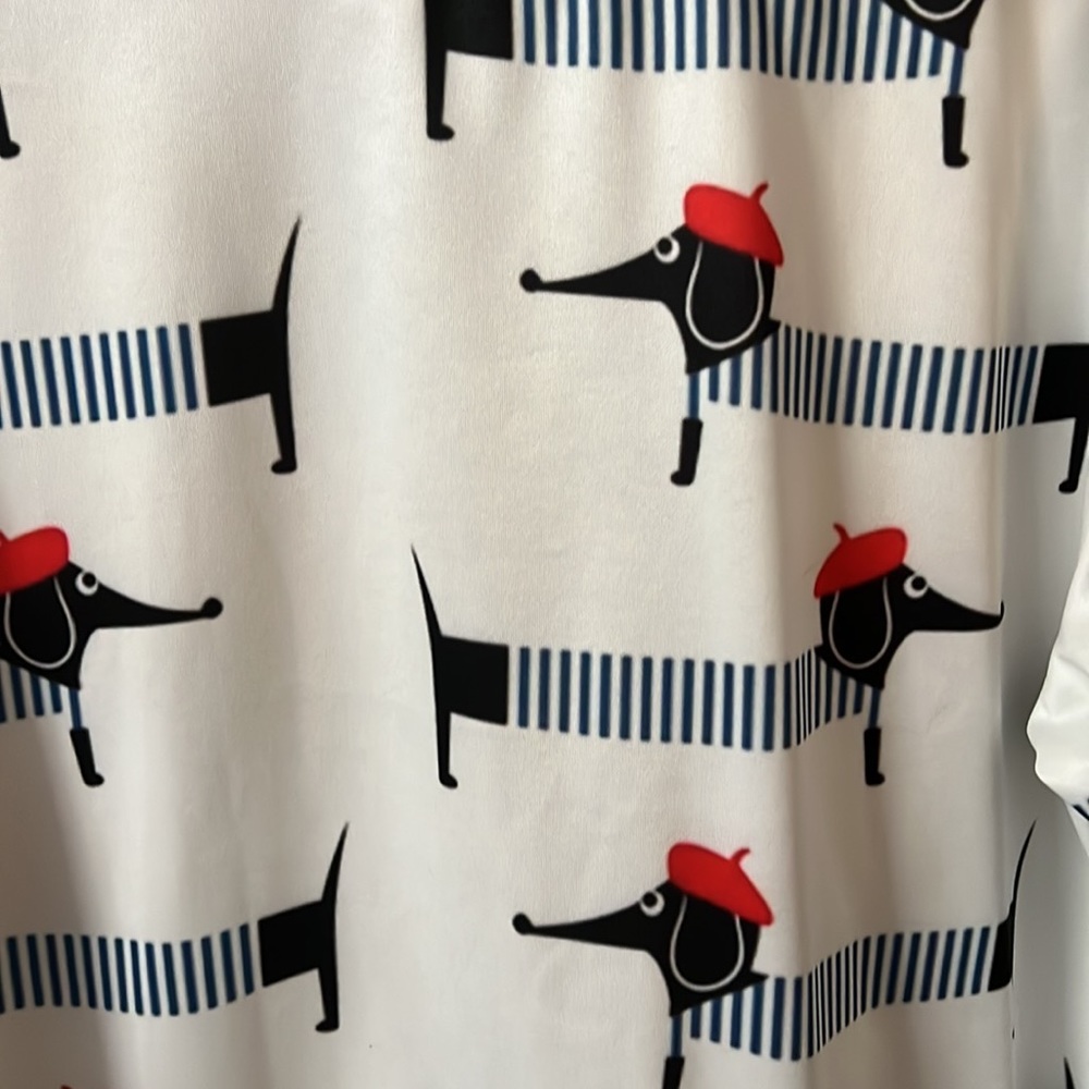 Women’s Large sweatshirt white with navy cartoon dachshunds red beret NEW - Picture 2 of 6